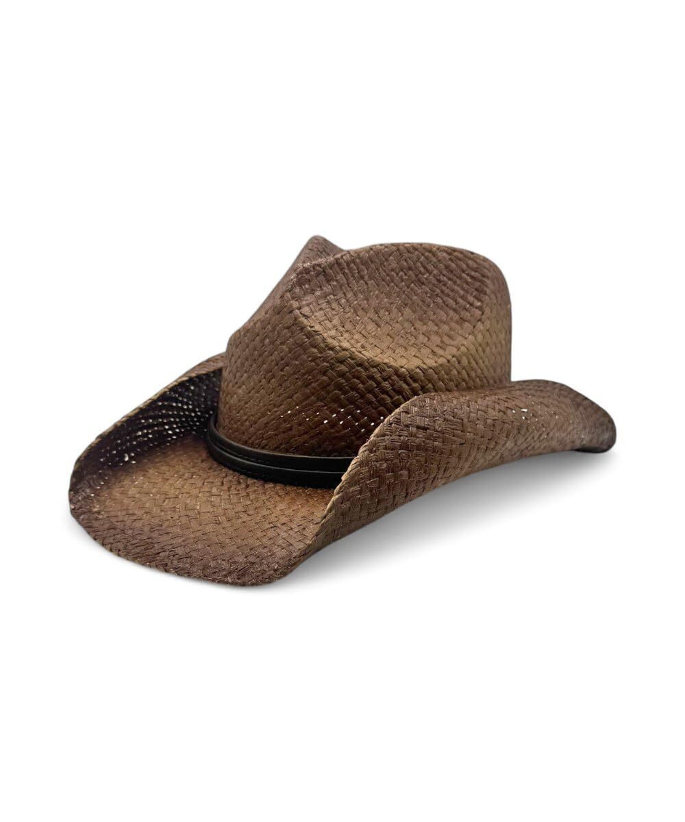 1187 Straw Round Up Cowboy Hat w/Leather Strap Tea Stained